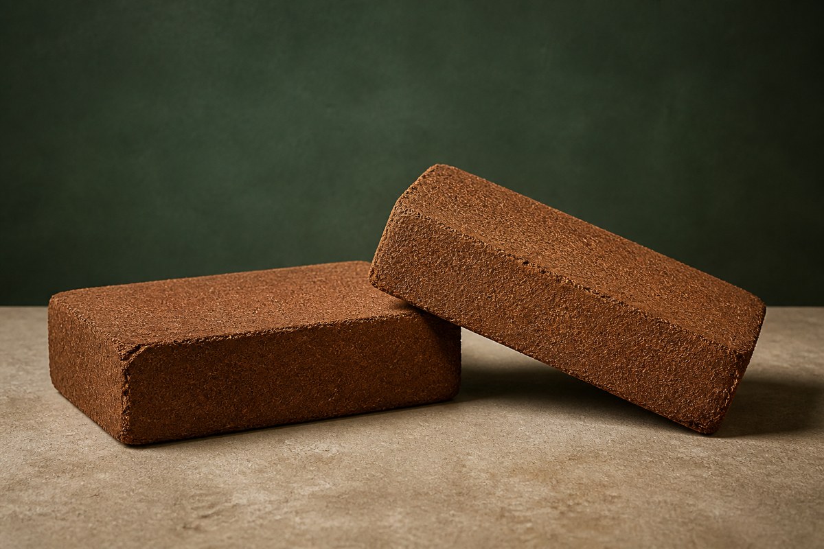 Two compressed cocopeat blocks illustrating the 5kg format