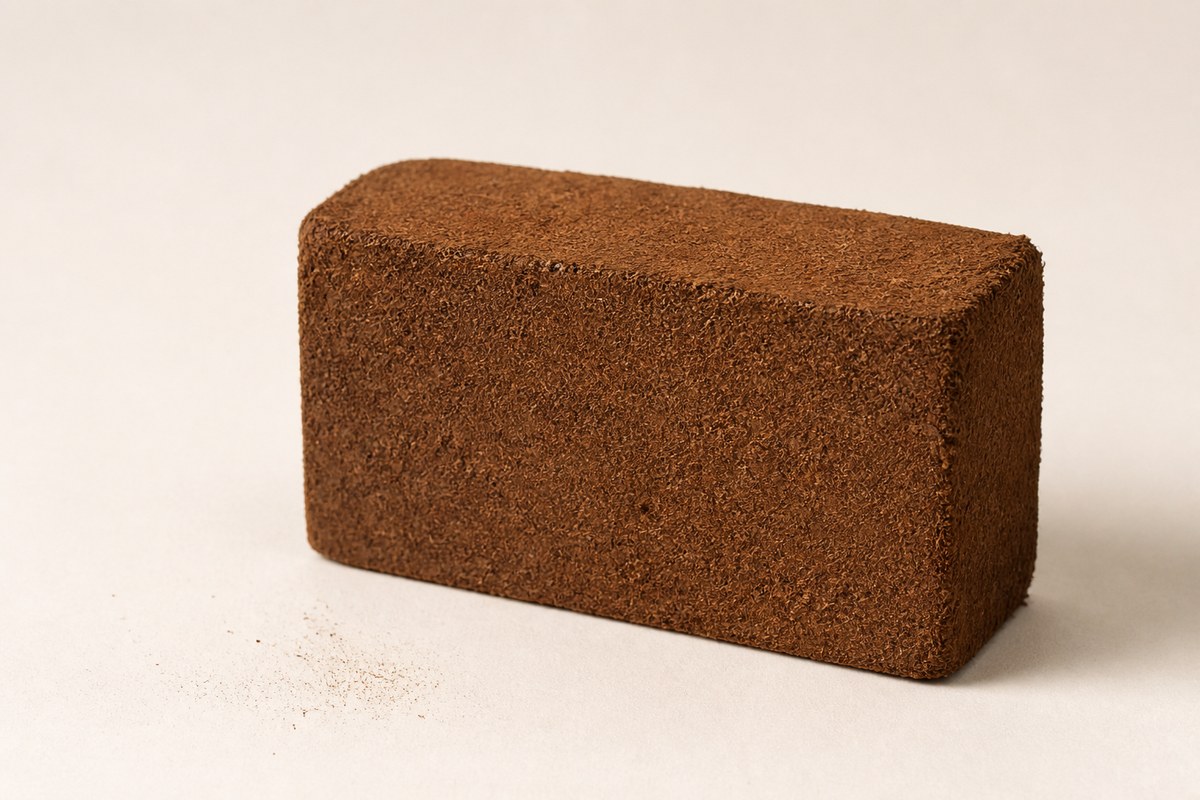 Single compressed cocopeat block illustrating the 5kg format
