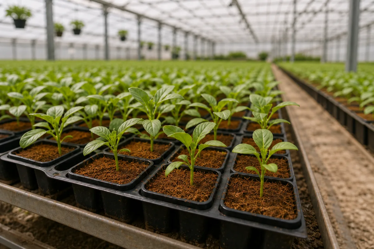 Young seedlings growing in orderly coco coir propagation trays