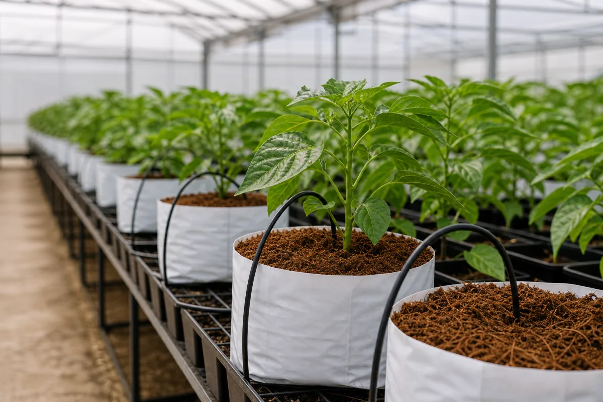 Greenhouse crops growing in visible coco coir substrate with drip lines